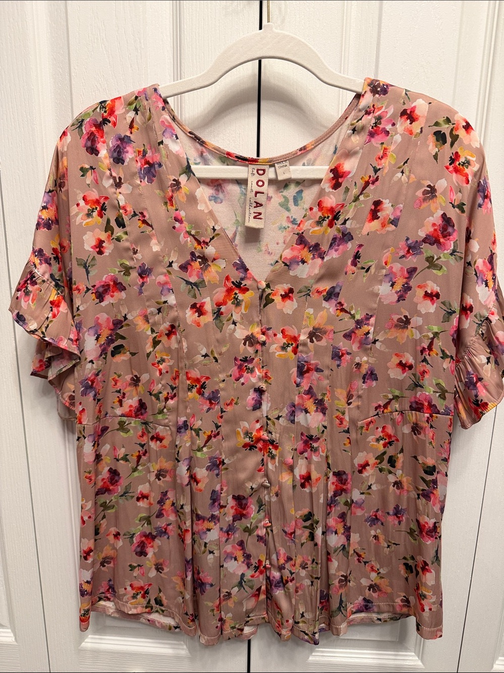 Dolan for Anthropologie Blush Pink Floral V-Neck Short Sleeve Blouse Size L